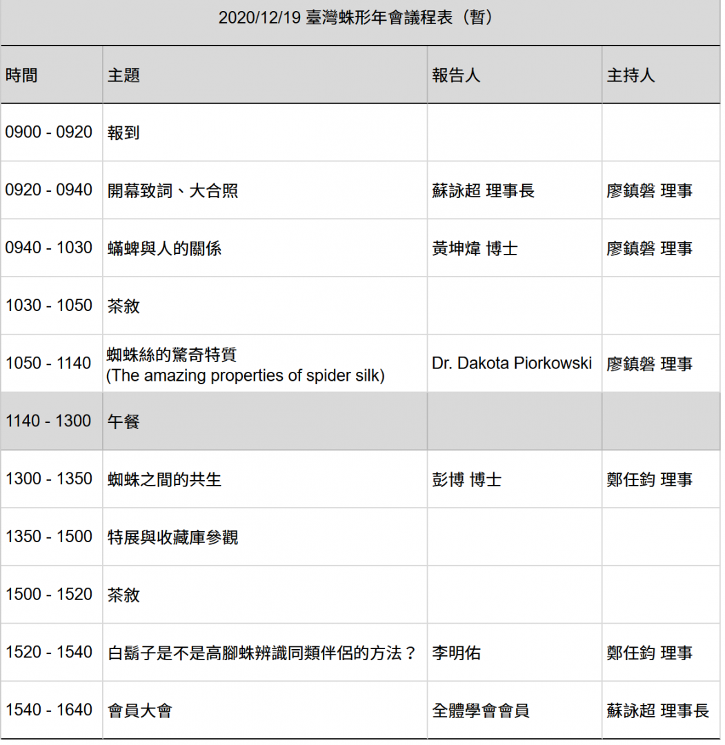 2020年度蛛形年會暨臺灣蛛形學會會員大會議程